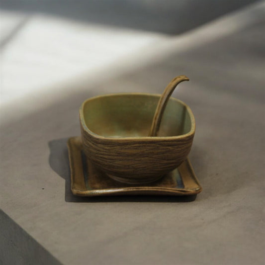 "Tian Xing Kiln" Tea bowl and spoon set ( Olive Green )
