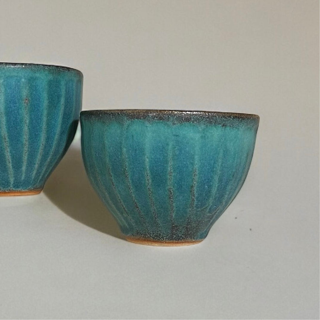 "Japanese Pottery" "Pair of Cups" Swirling Pattern Pottery Cup ( Green )